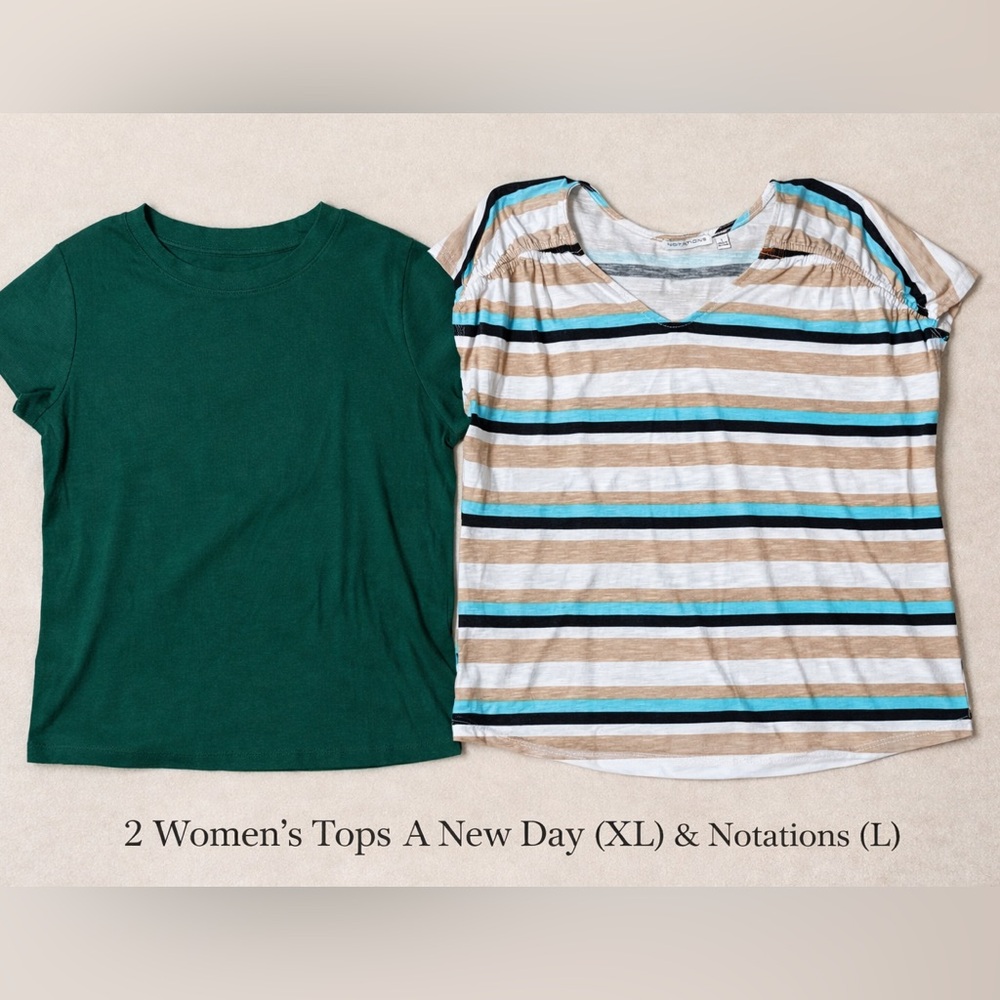 Women’s Top Bundle XL/L A New Day Green Tee & Notations Striped Top